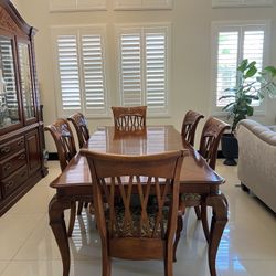 Handcrafted Red Cedar Dining Table –  6 Chairs + Glass Curio – Carved Detail