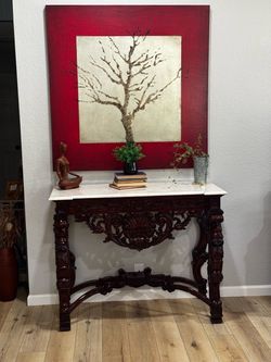 Antique Carved Wood Console Table with Marble Top
