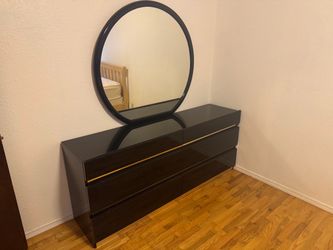 Black gloss 6-drawer dresser + round mirror — $100 OBO