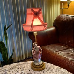 Antique lamp, girl figurine, lampshade