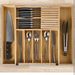 New Silverware Organizer Expandable Bamboo Drawer Organizer with Non-Slip Stainless Steel Locking Clips, Kitchen Utensil Holder with Knife Block, Adju