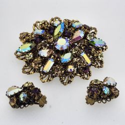 Vintage Brooch and Earrings Rhinestones Filigree Made in Austria