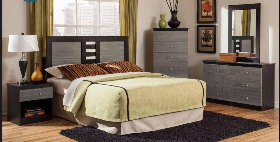 5 PC  bedroom set- Includes a Full/ Queen Headboard ,Dresser, Mirror, nightstand, and a 5 drawer tall chest.