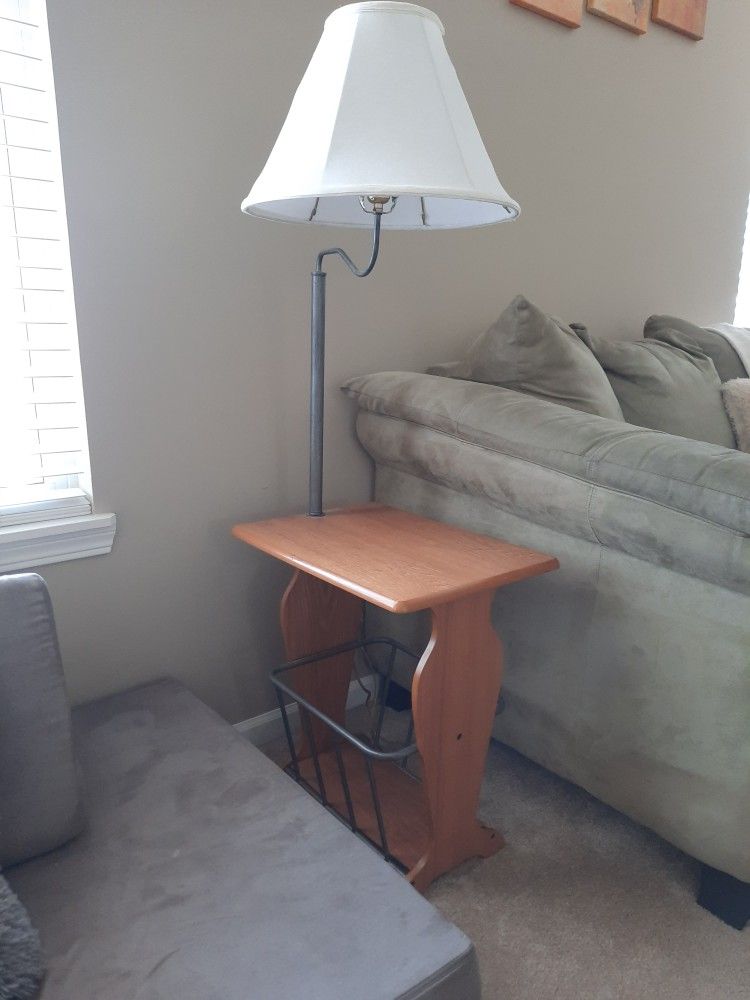 Side Table With Lamp And Magazine Rack Storage