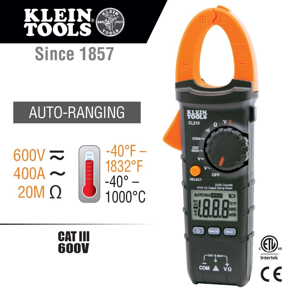Klein Tools CL210 Digital Clamp Meter, AC Auto Ranging,...