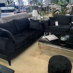 🦋Showroom,Fast Delivery, Finance,Web🦋Pyramid Black Velvet Sofa & Loveseat 2pc Comfortable Couch 
