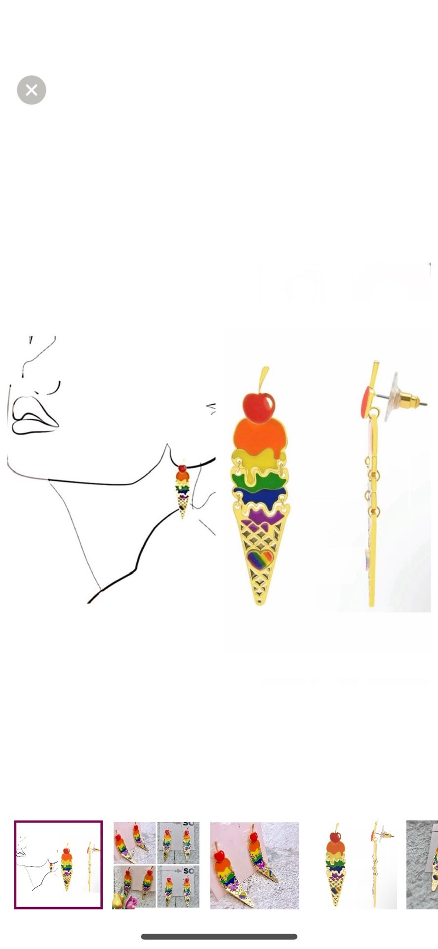 NWT Gold Tone Rainbow Enamel Ice Cream Cone Pride Drop Earrings 2.4” L