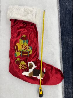 Large Red Velvet Christmas Stocking with Puppy & Presents – Faux Fur Cuff – Approx. 20