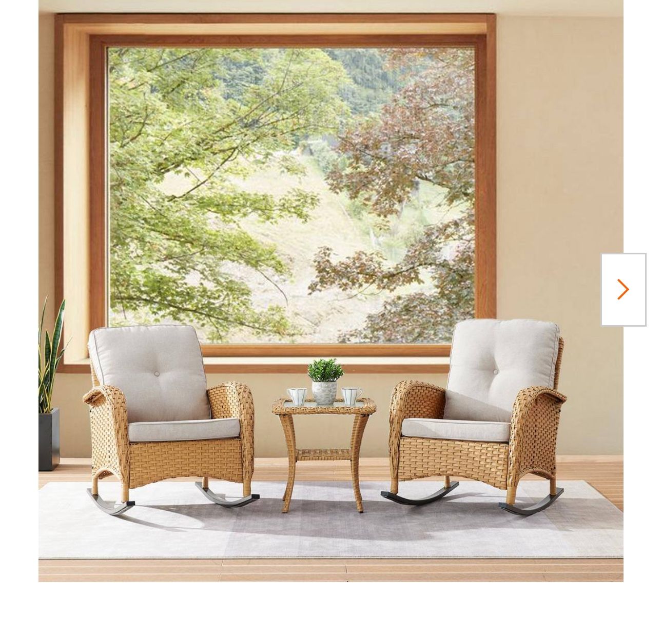 3-Piece Yellow Wicker Patio Conversation Set with Beige Cushions and Coffee Table Flat Handrail Rocking Chairs Pocassy - 3-Piece Yellow Wick