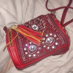 Vintage Y2K Red Studded Barrel Bag with Oversized Rhinestones