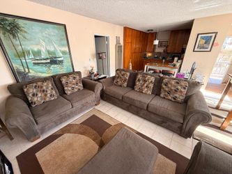 Brown Living Room Furniture Set & Picture – Couch, Loveseat, Chair & Ottoman + FREE Rugs $200