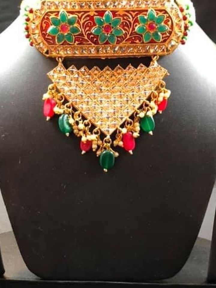 Choker Necklace With Big Jhumka Earrings Red Green