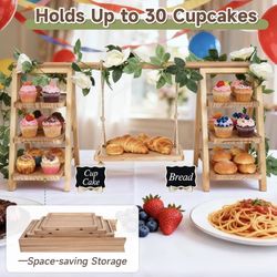 (9999-55) 3 Tier Wooden Cupcake Stand - Wood Cake Dessert Table Display Set with Swing, Rustic Party Food Cookie Snack Display with Serving Tiered Tra