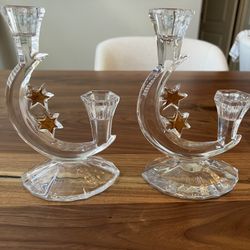 Celestial Crescent Moon & Stars Crystal Double Candle Stick Holder (Includes 2)