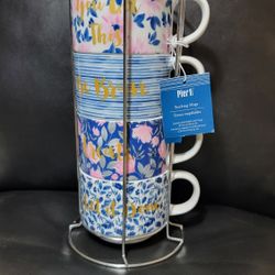 Set Of 4 Blue Pink Floral Tea Cups Stackable Coffee Mugs Pier1 Imports NWT