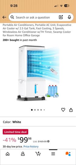 < Q Search or ask a question o Portable Air Conditioners, Portable AC Unit, Evaporative Air Cooler w/ 2.5 Gal Tank, Fast Cooling, 3 Speeds, Windowless