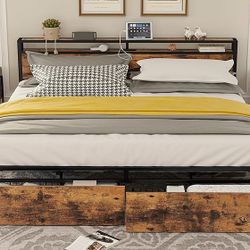 King Bed Frame with Storage Headboard, Platform Bed with Drawers and Charging Station, No Box Spring Needed, Easy Assembly, Vintage Brown
