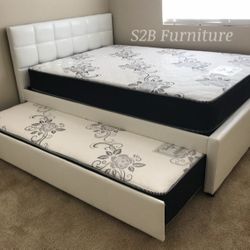 Full Twin White Trundle Bed With Ortho Mattress Included!!