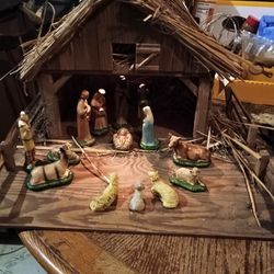 14 Piece Fold Up Nativity Set, Fold Up Manger And Light 21" By 18" By 14"