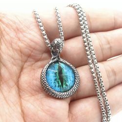 Mens Serpent Cobra Blue Evil Eye Eyeball Snake Pendant Necklace Stainless Steel