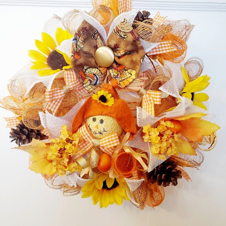Happy Little Sunflower Scarecrow Fall Wreath Thanksgiving Turkey Bow Handmade Home Decor