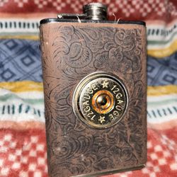 Leather Bound Floral Pattern Flask With 22. Gauge Shell Designed Shot Glass