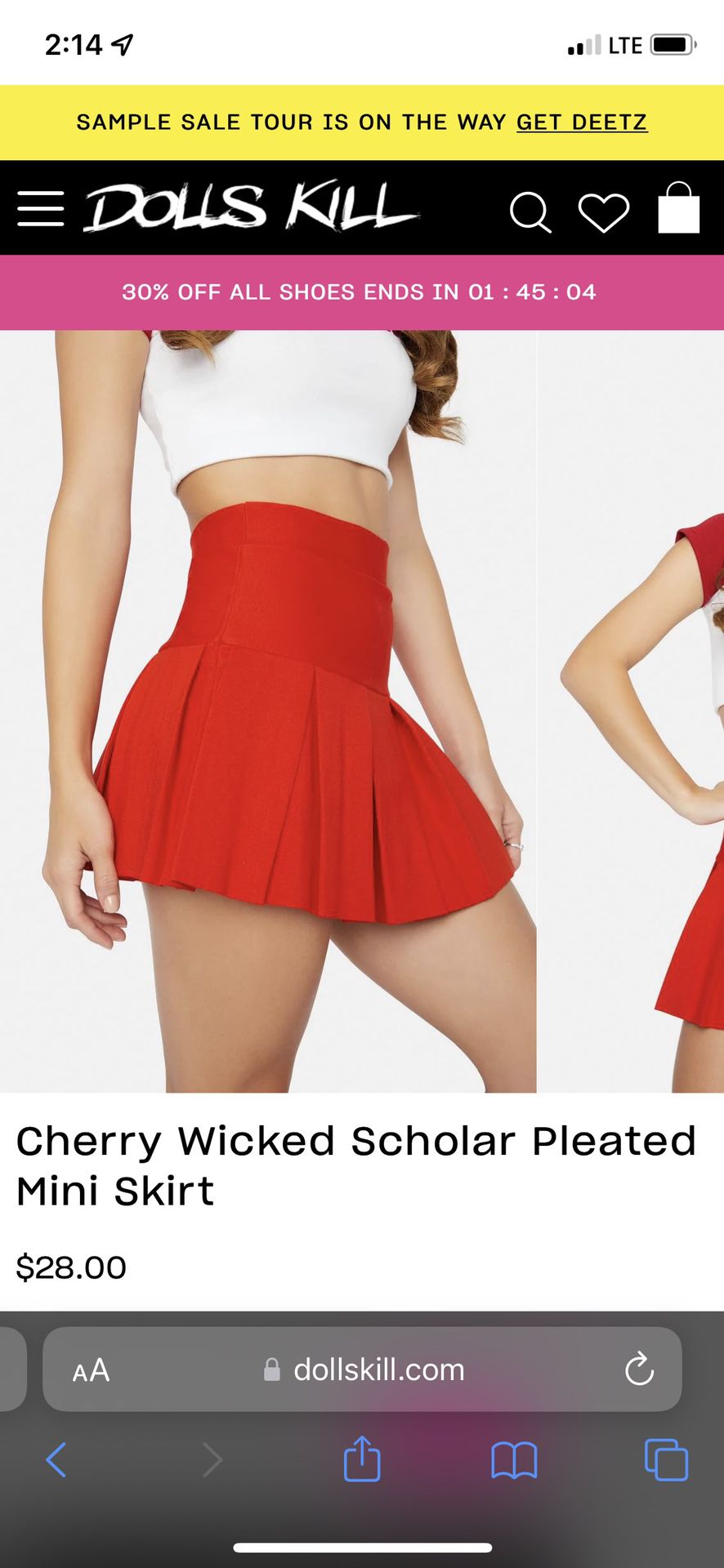 cherry red dollskill pleated mini skirt size small