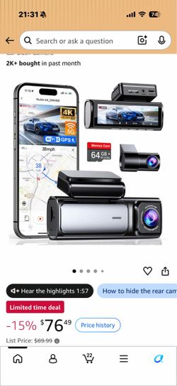 Peztio A4 4K Dual Dash Cam Front & Rear, 64GB Card, GPS, WiFi 6