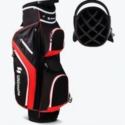 14-Way Golf Cart Bag With Cooler & Shoe Pocket & Rain Hood (Black/Red)