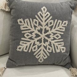 New with tags- (2) 16x16 Gray Beaded Snowflake Pillows w/tassels  Retail $35.99/pc Selling for $25.00 for Both