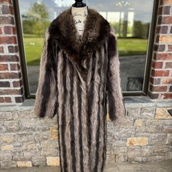 S/M Long Length Real Raccoon Fur Overcoat Vintage Full Length