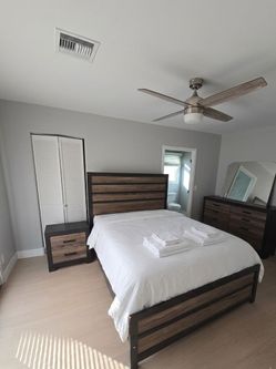 Queen bed set, mattress, dresser, night stand
