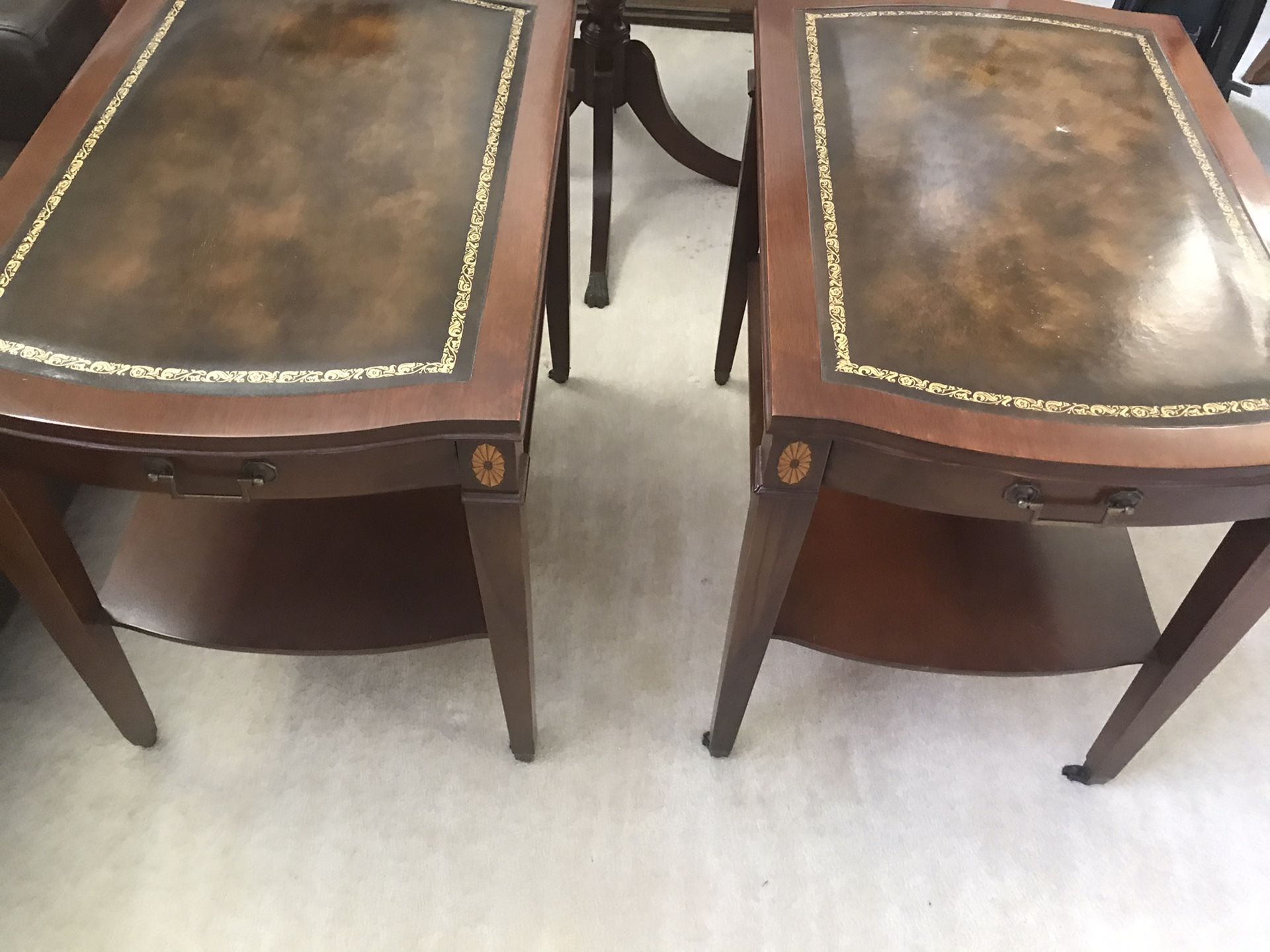 Pair vintage end tables wood and leather