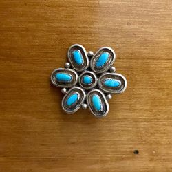 Vintage Sterling Silver Turquoise Floral Brooch