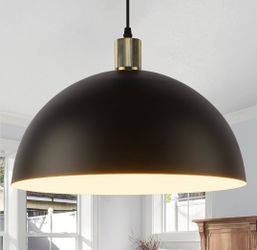 Stunning Large Farmhouse Black Dome Pendant Light with Gold Accent. 15.7" Diameter