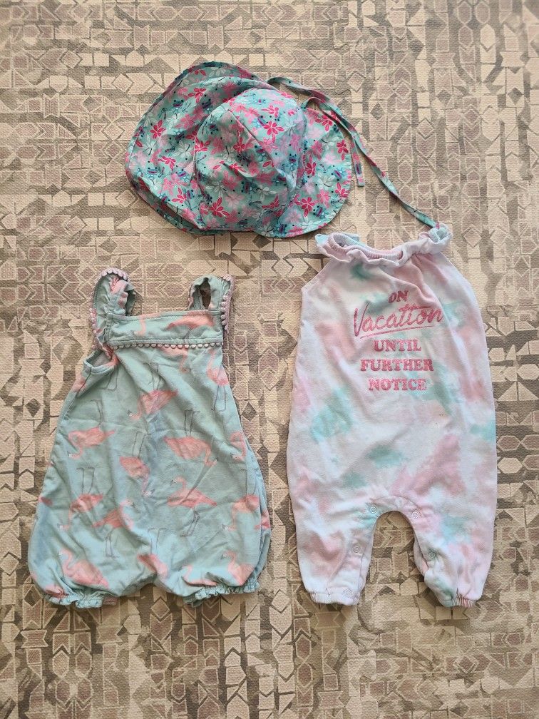 3 Piece Set of 12M Girl's Snapbutton Bodysuits and a SPF 50+ Hat