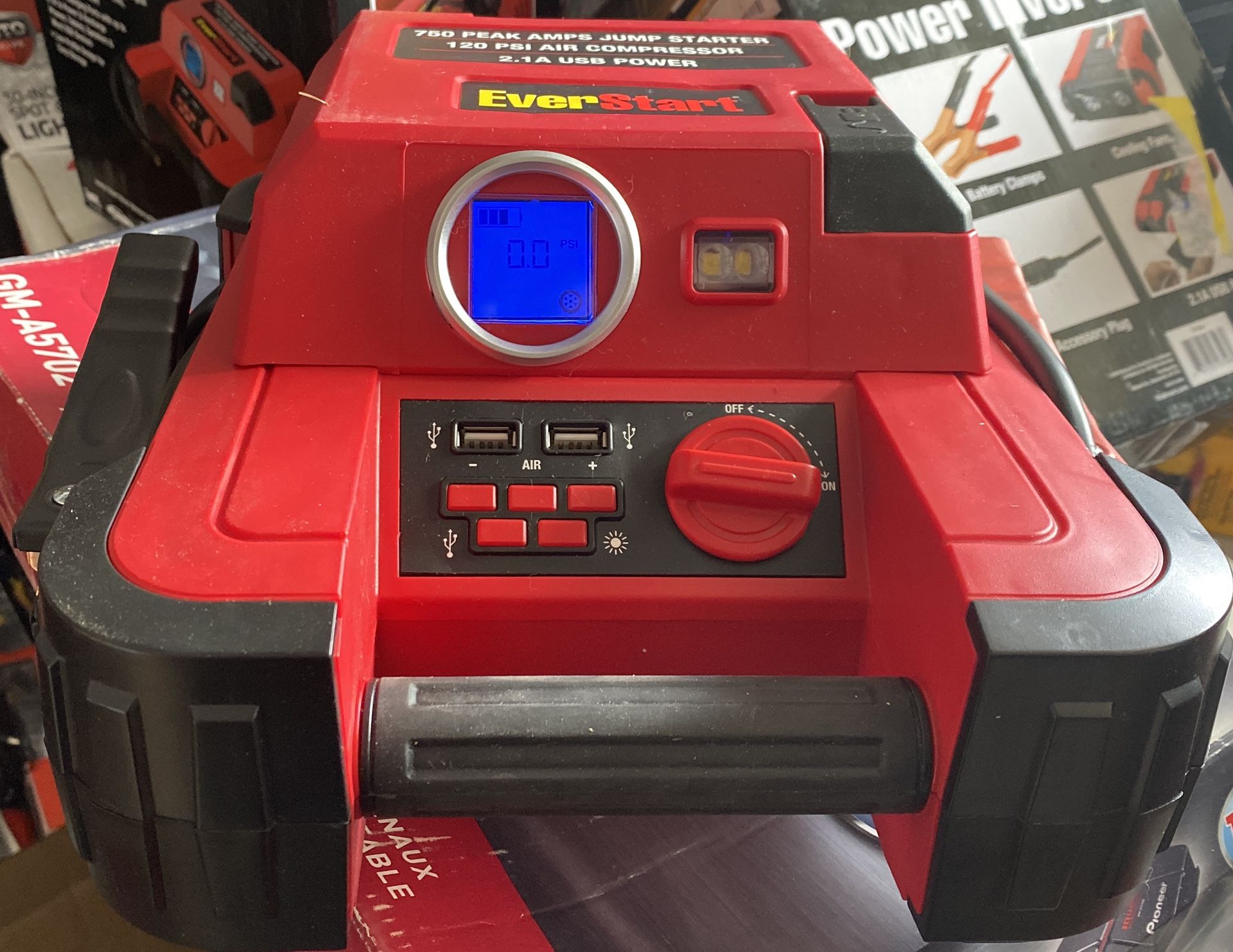 The EverStart 750 Peak Amp Jump Starter with Compressor features
