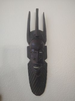 Vintage Tall Hand-Carved Dark Wood Wall Mask – African Tribal Style