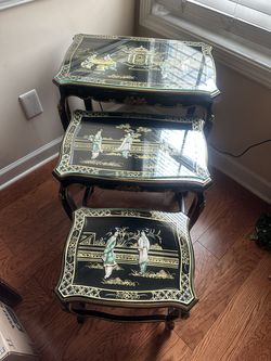 Elegant Asian-Inspired Nesting Tables Set (3 Pieces) – Glass Top