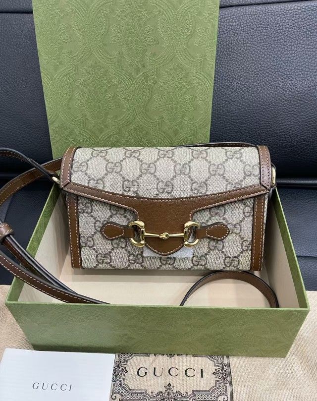 GUCI Horsebit 1955 Horsebit Buckle Old Flower Logo Canvas Spell Leather Box Bag Shoulder Crossbody Bag Mini Men's and Women's