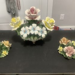 Vintage Capodimonte Flower Candlestick Holders & Center Piece