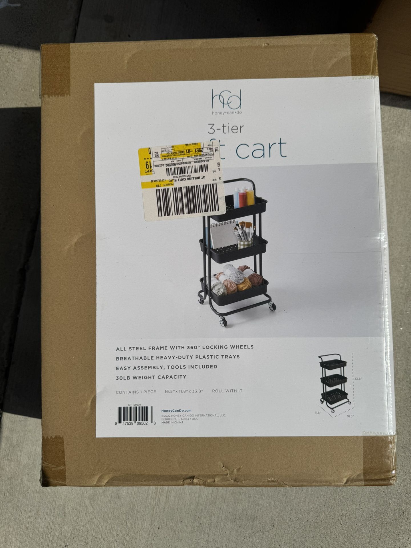 Honey Can Do, 3 Tier Rolling Craft Cart With Handle(Black)