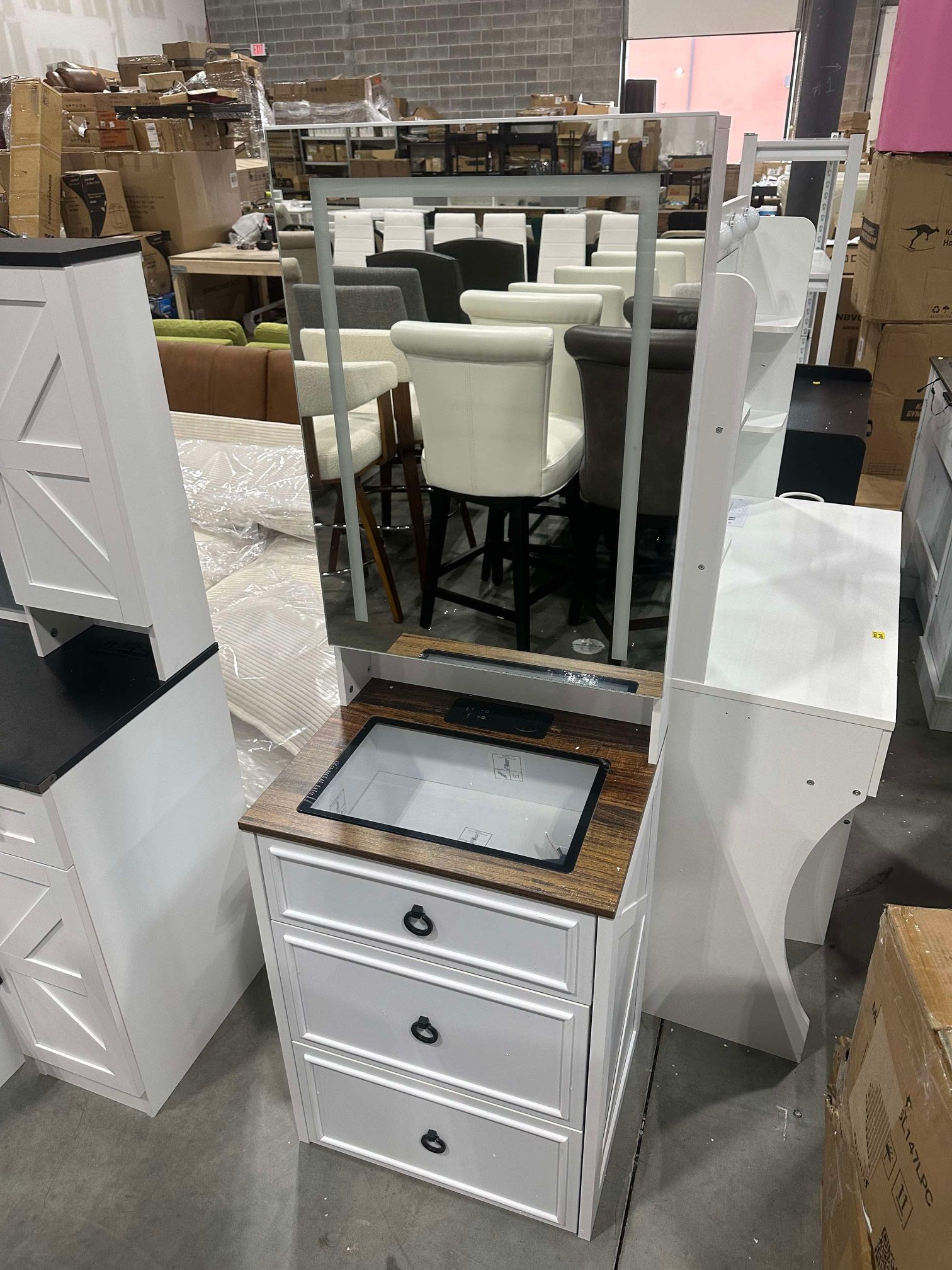 Small Vanity Desk with Mirror and Lights, Modern Glass Top Dressing Table with Wheels & Charging Station
