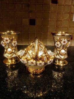 Vintage Porcelain Candlesticks And Basket Set
