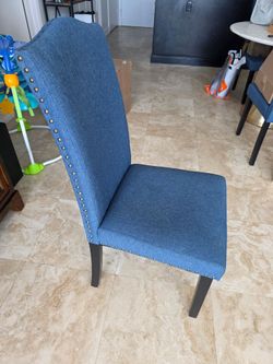 4 Blue Dining Chairs with Dark Brown Wood Legs