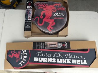 Off the wall Fireball two sided light up signs. Battery operated. Size 19.5x19x4 and 10x36x4. 35.00 each