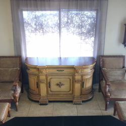 Furniture BUNDLE! Antique Buffet / Credenza, 2 Arm Chairs + Matching Lumbars And Footstools