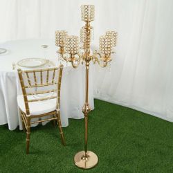 Metal Pearl Beaded Candelabra in Gold 6-Arm with Crystal Chandelier Pendants, Adjustable Table Centerpiece