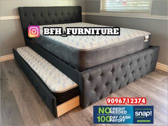 Full/Twin Gray Frenchi Tufted Trundle Beds W. Ortho Mattresses Included