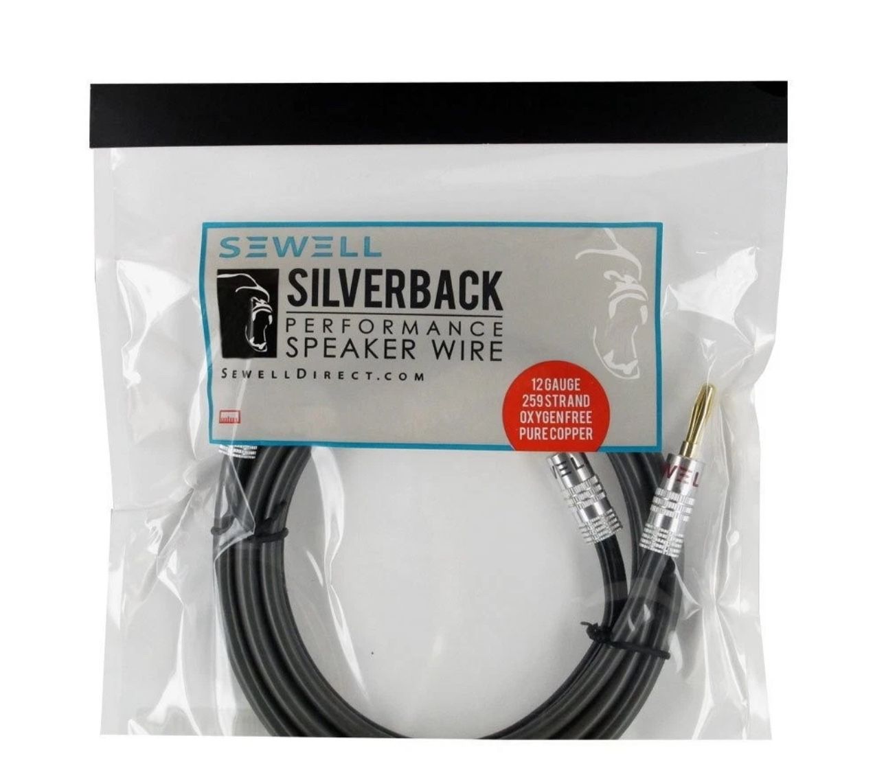 Silverback Speaker Wire by Sewell OFC12 AWG, with Silverback Banana Plugs, 50ft